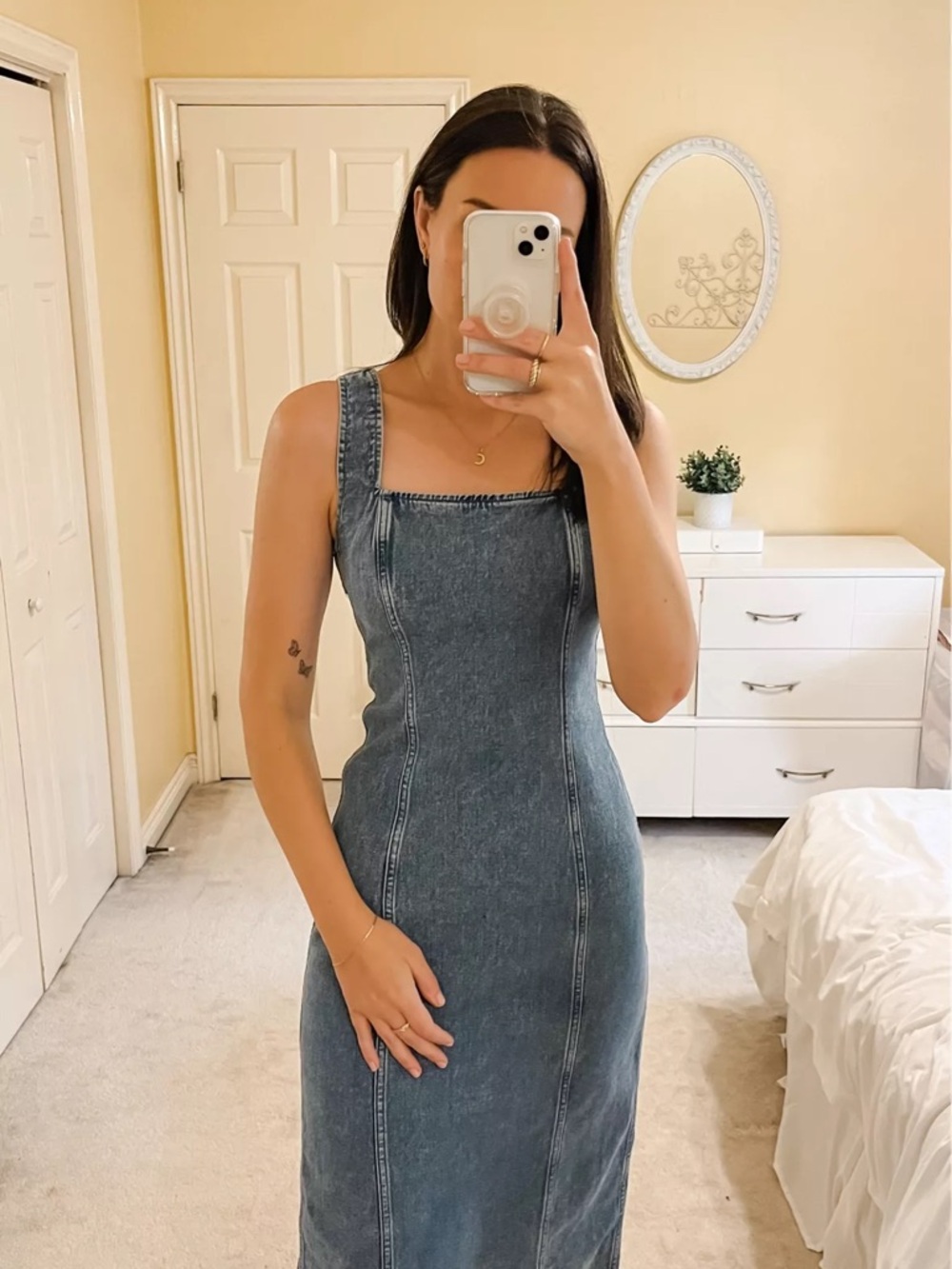 Abercrombie and Fitch XS Denim Square-Neck Midi Dress - Blue